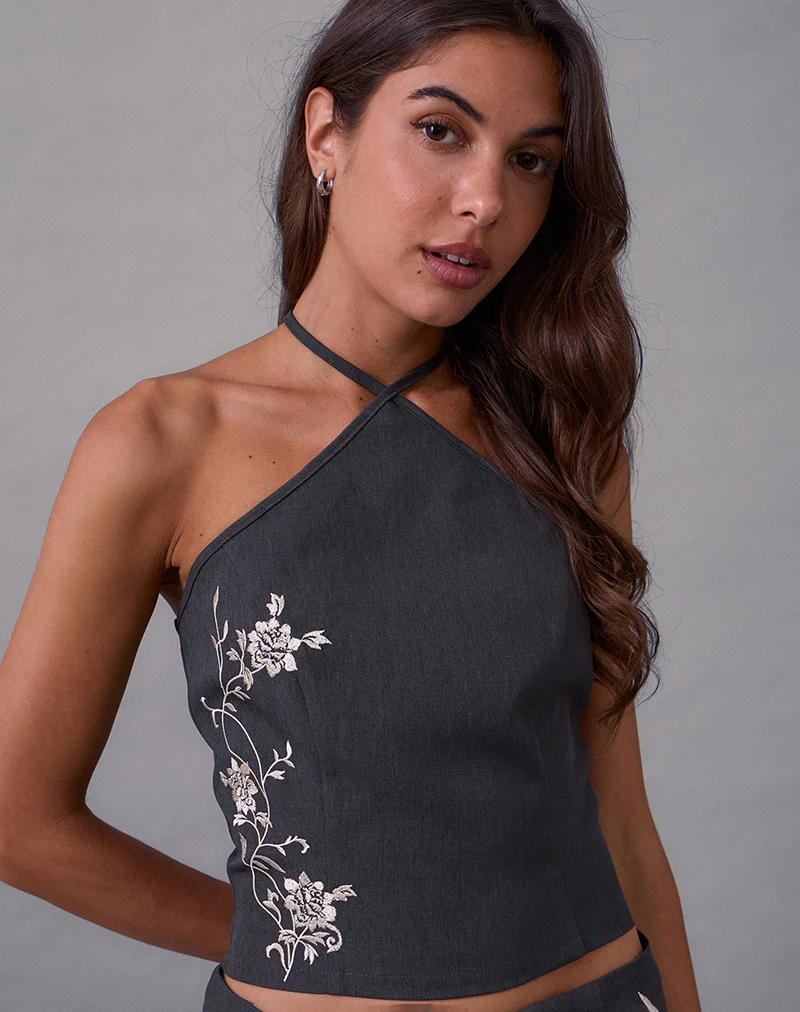 Novin Top in Vine Flower Embroidered Dark Charcoal - Image 2