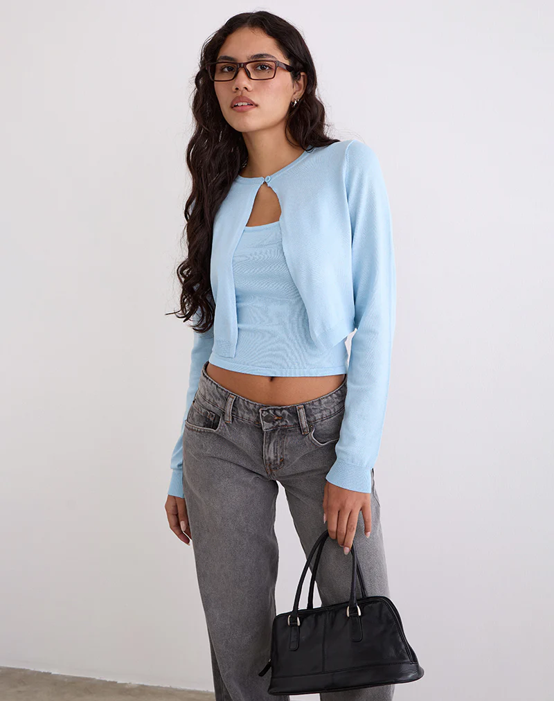 Nuha Ribbed Cropped Cardigan in Blue