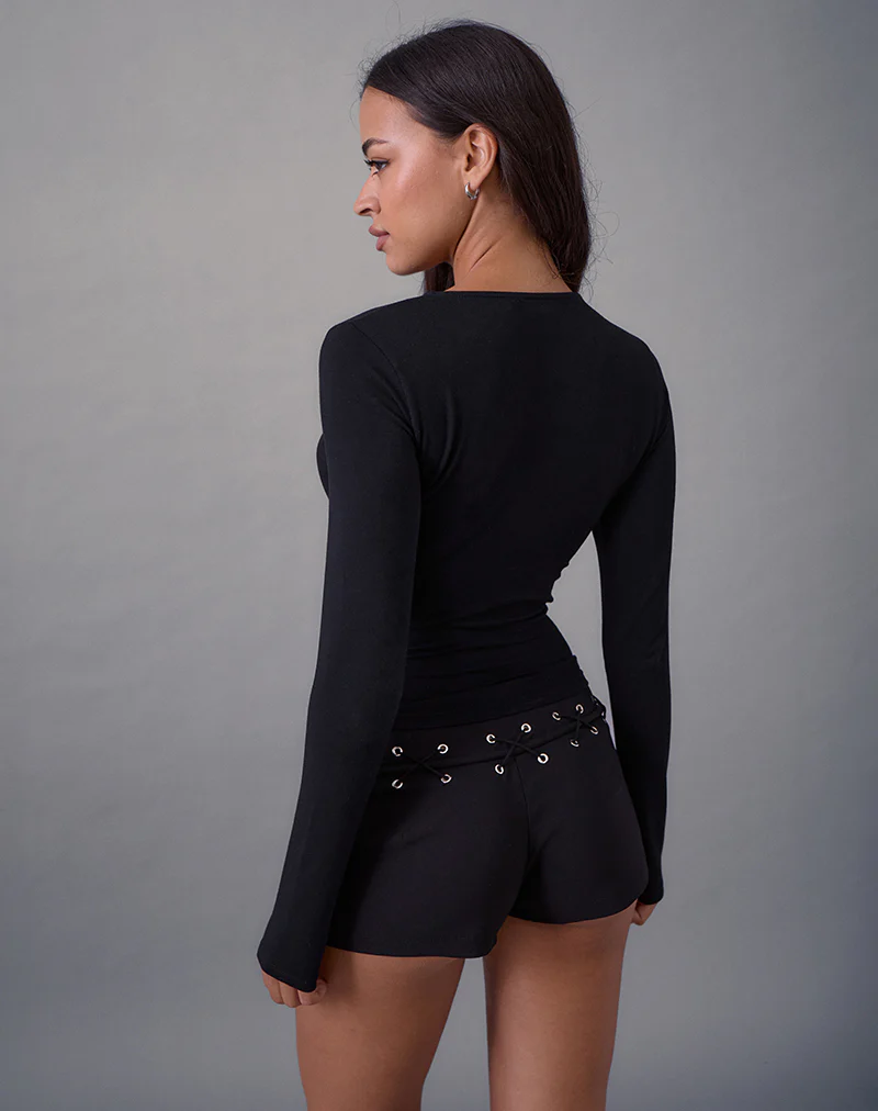 Nyla Long Sleeve Slash Cut Out Top in Black - Image 5
