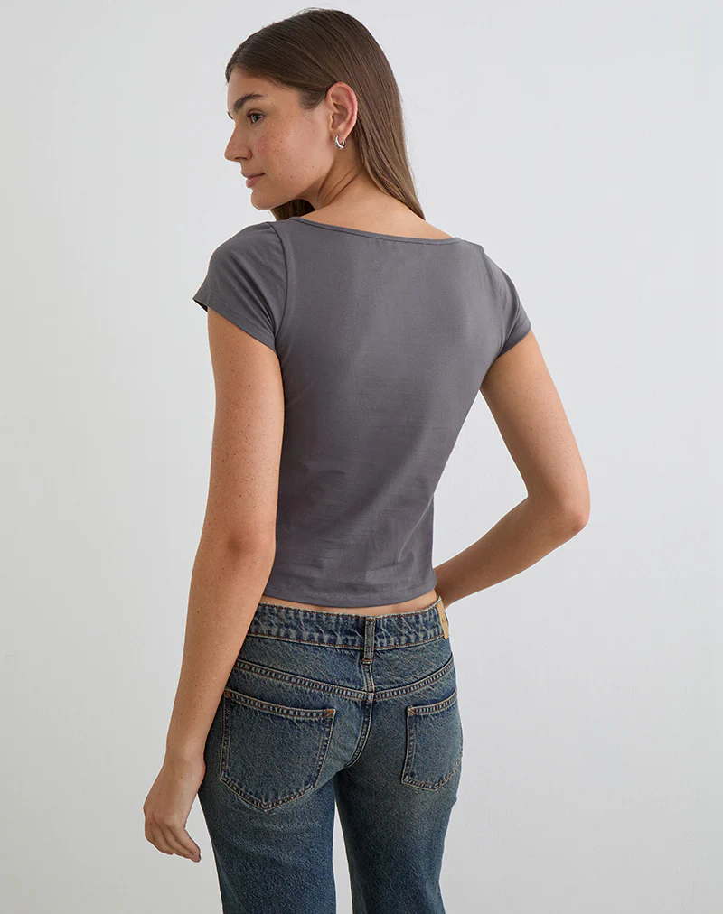 Obanai Short Sleeve V Neck Top in Charcoal Grey - Image 4