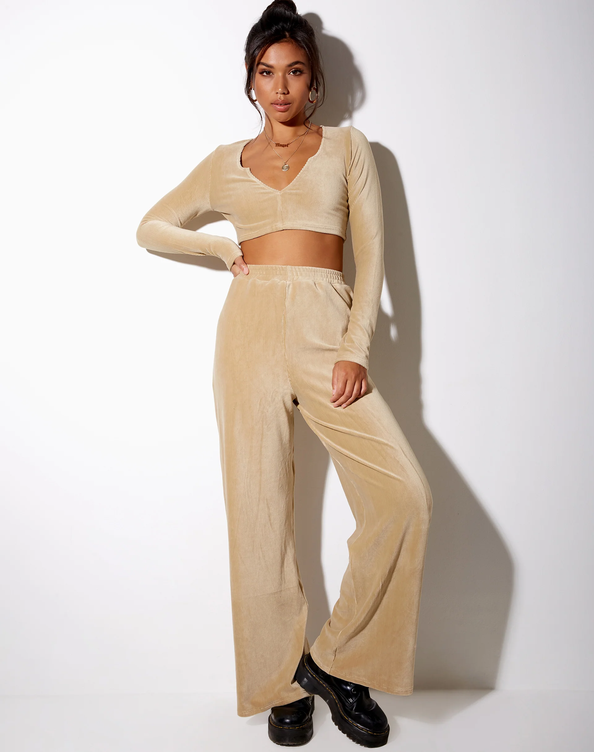 Obeli Trouser in Velvet Rib Tan - Image 2