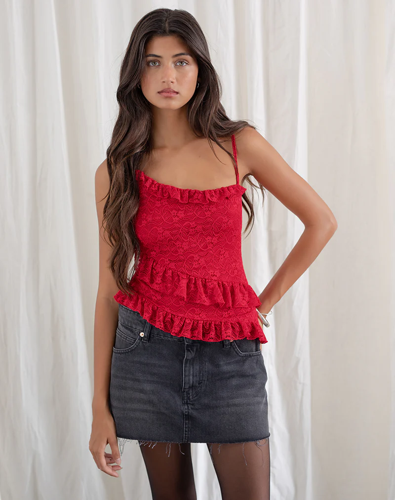 Octavia Asymmetric Cami Top in Lace Red - Image 3