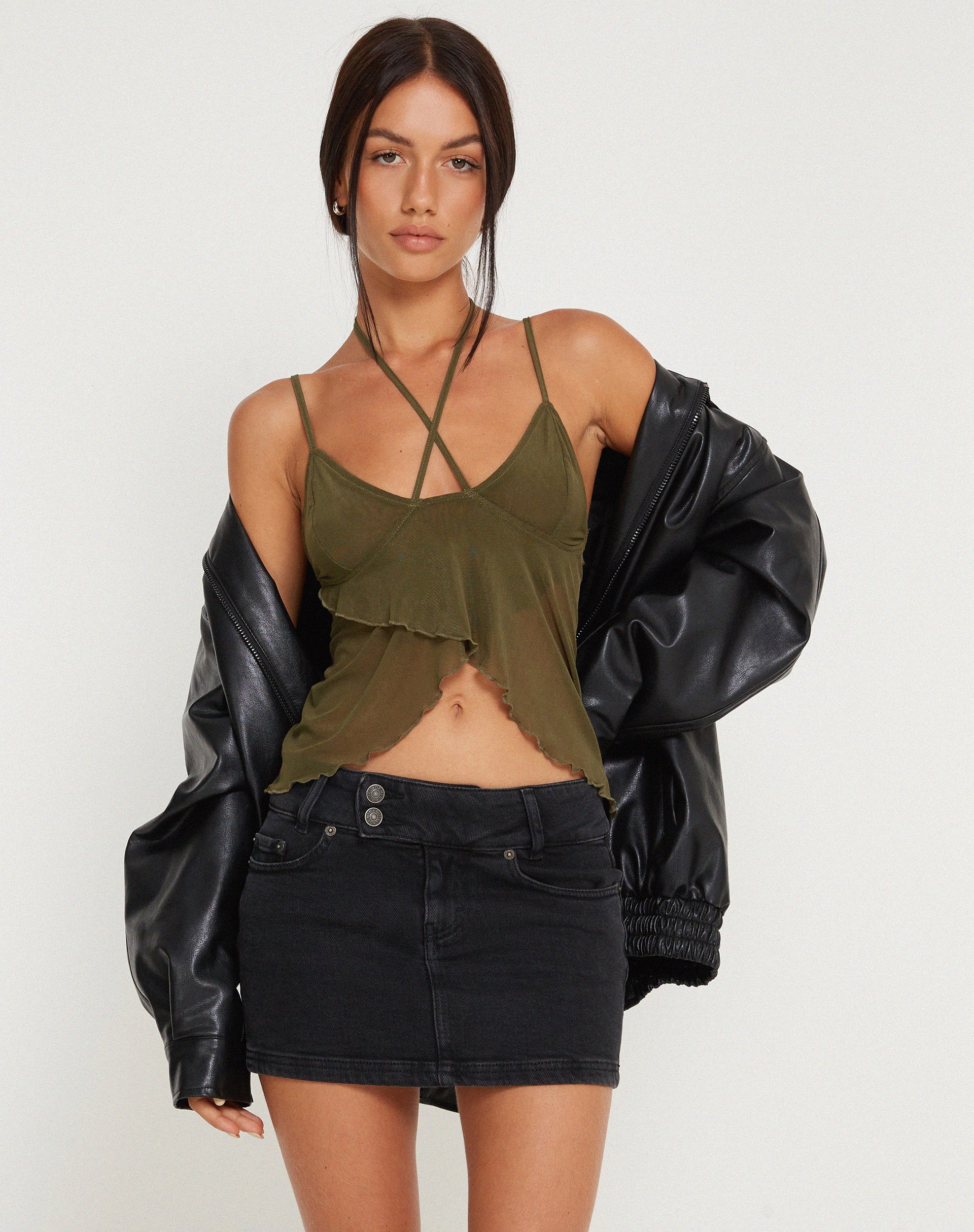 Olgira Mesh Halterneck Vest Top in Khaki - Image 2