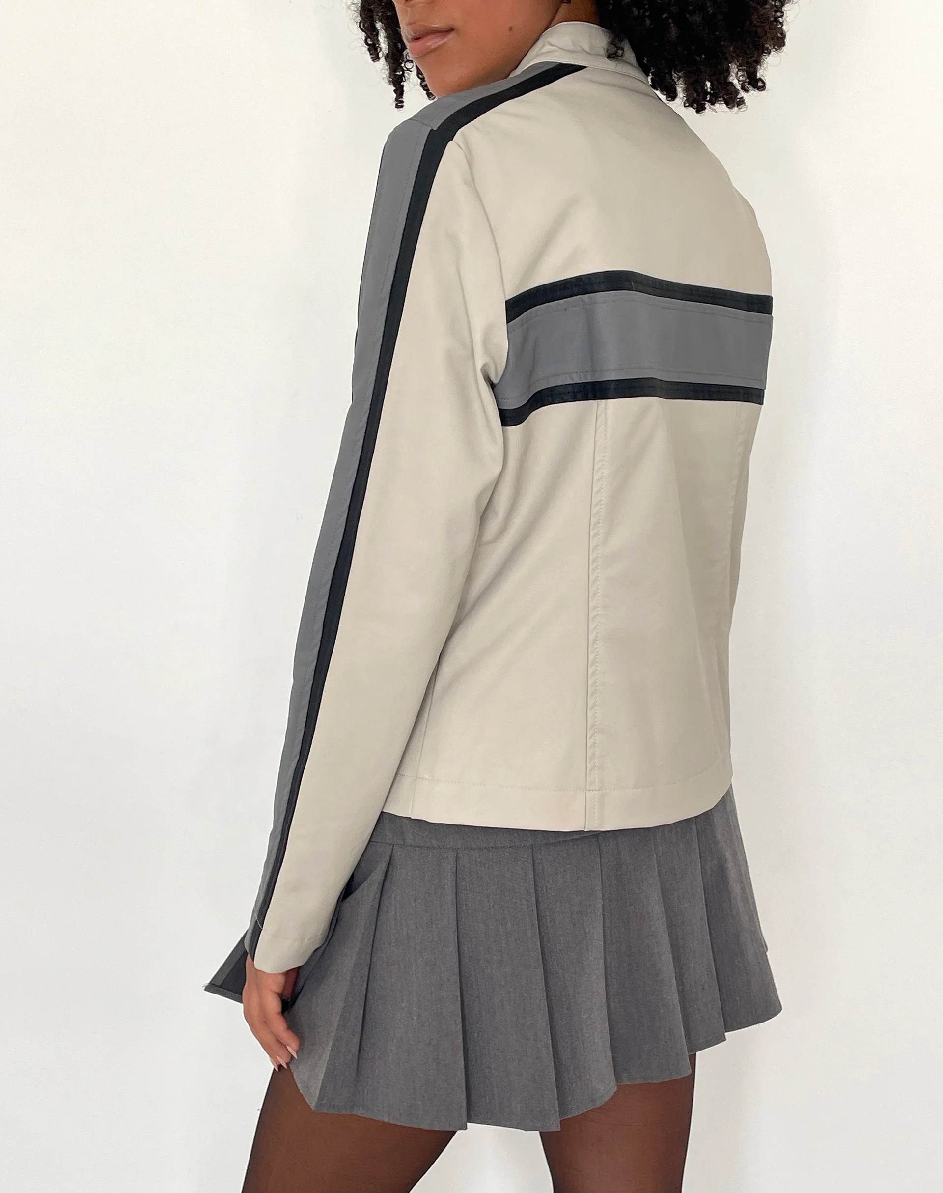 MOTEL X JACQUIE Oliver Zip Up Jacket in Grey PU with Dark Grey Stripe - Image 4