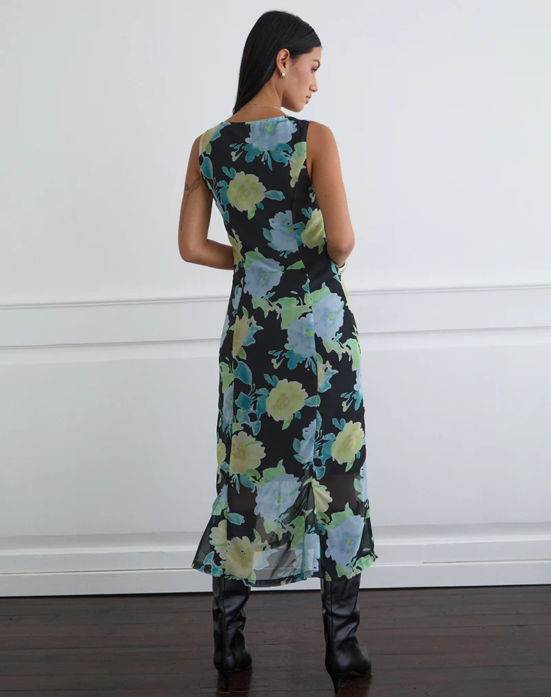 Olydia Midi Dress in Black Chiffon with Crystal Flower Print - Image 4