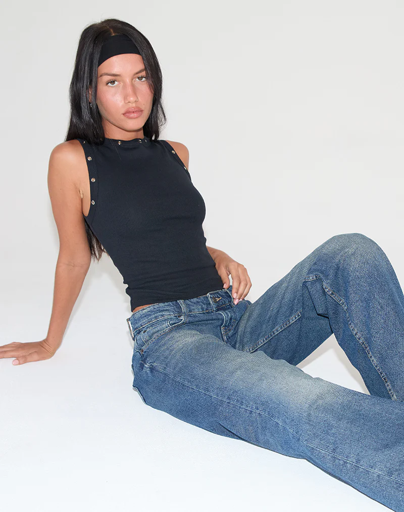 Omari Eyelet Tank Top in Rib Black - Image 3