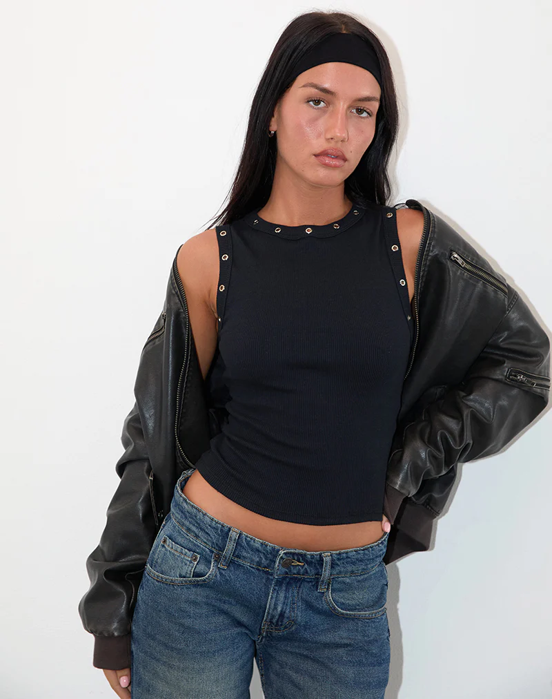 Omari Eyelet Tank Top in Rib Black - Image 4