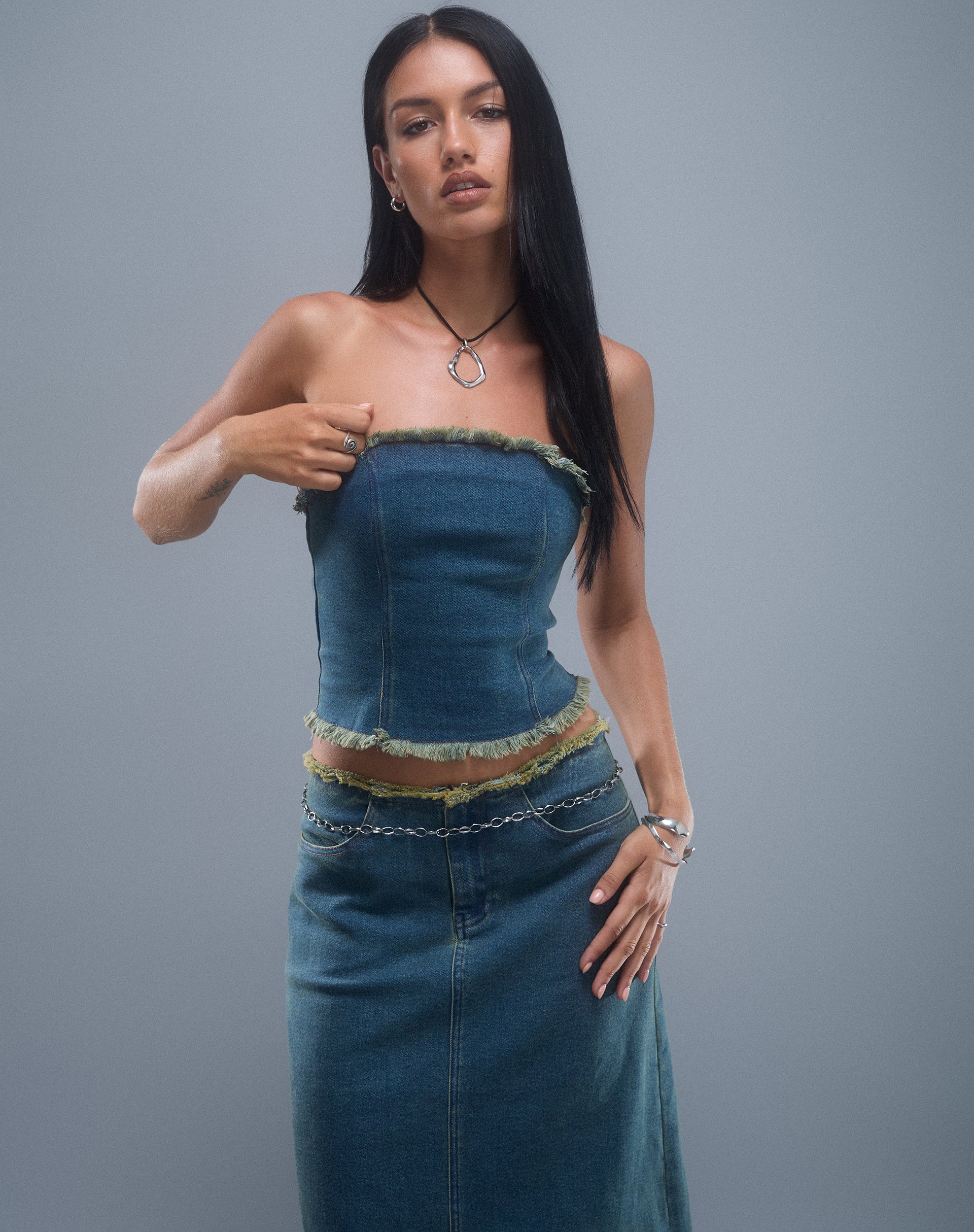 Omas Denim Bandeau Top in Brown Blue Acid Wash - Image 5
