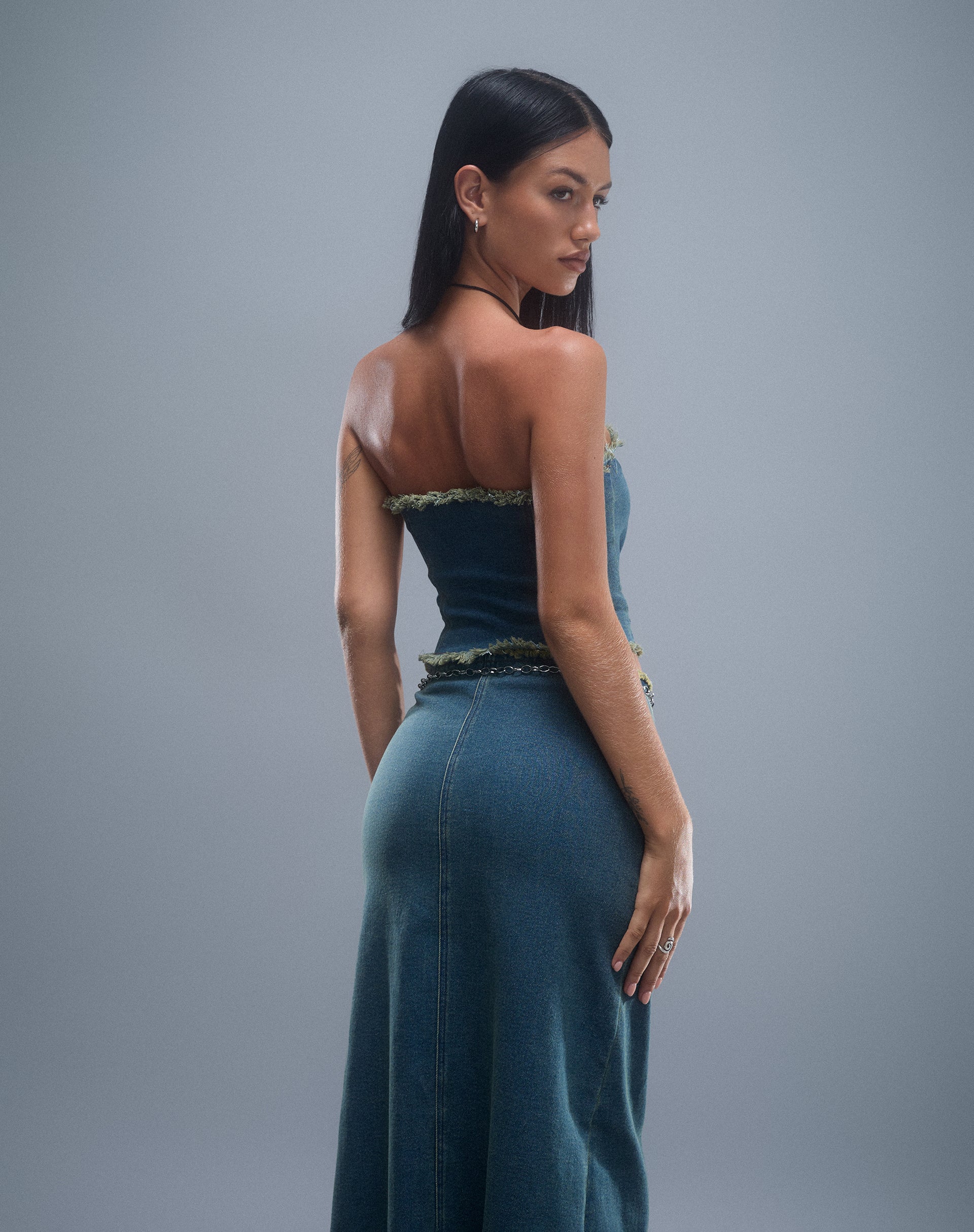 Omas Denim Bandeau Top in Brown Blue Acid Wash - Image 6
