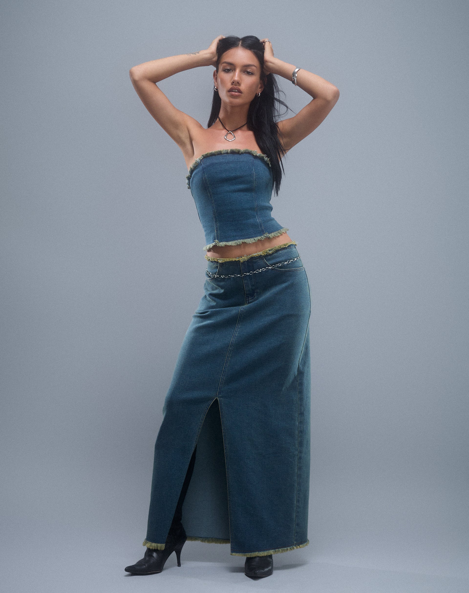Omas Denim Bandeau Top in Brown Blue Acid Wash - Image 7