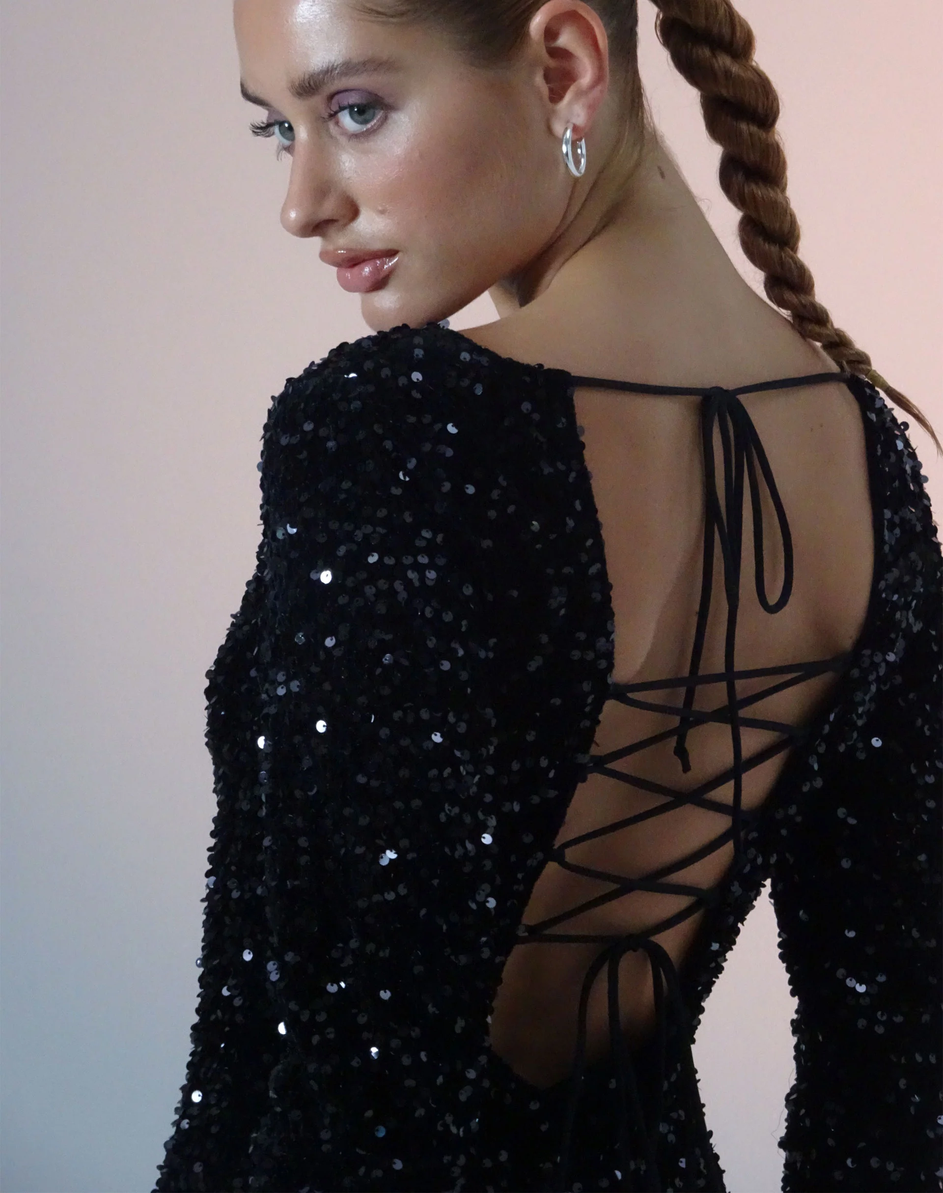 Onaki Long Sleeve Mini Dress in Mini Sequin Black - Image 2