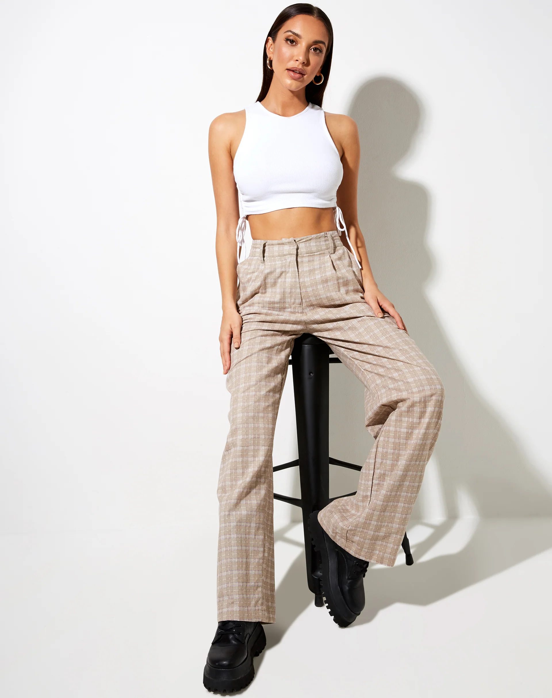 Onfal Wide Leg Trouser in Taupe Check - Image 2