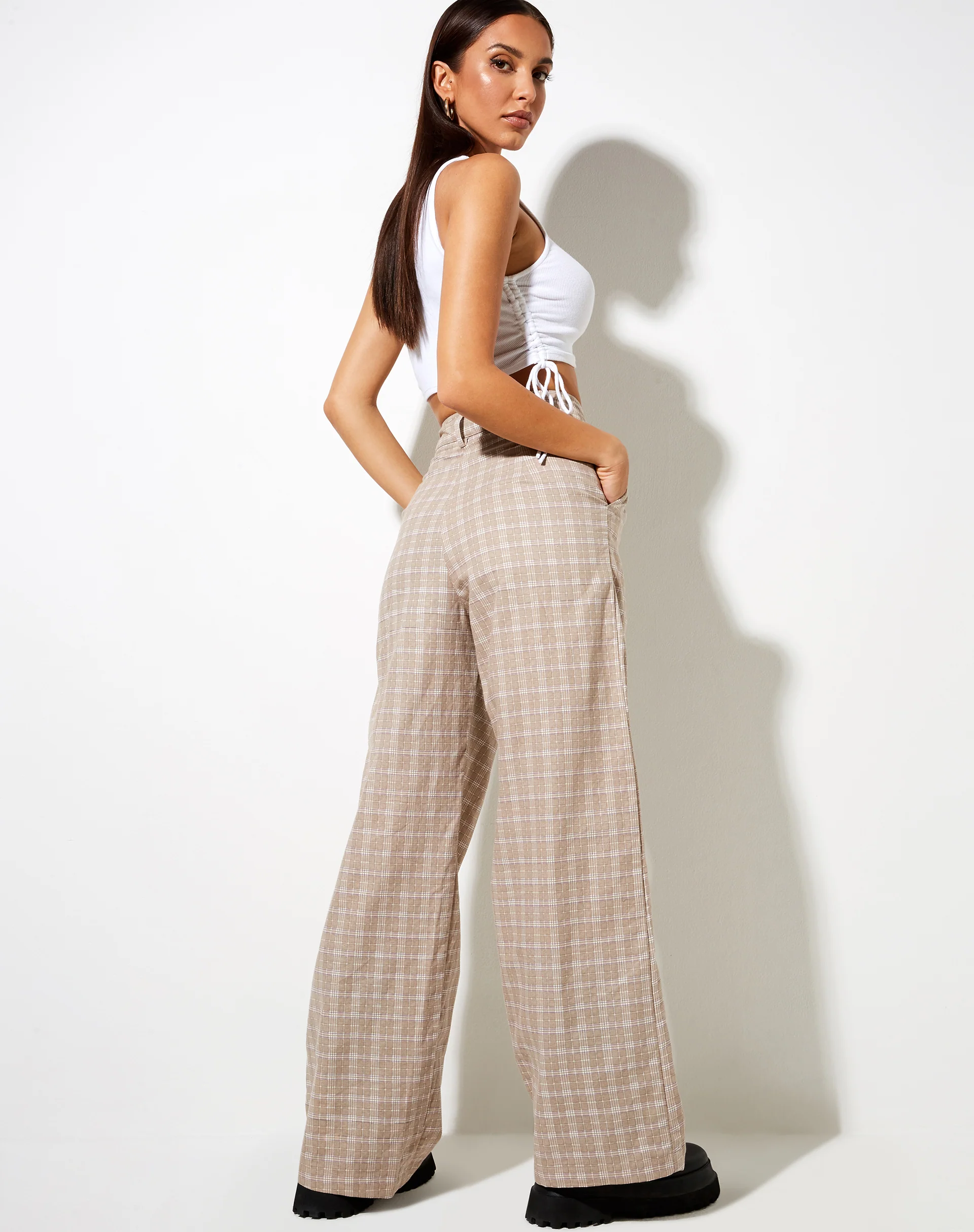 Onfal Wide Leg Trouser in Taupe Check - Image 3