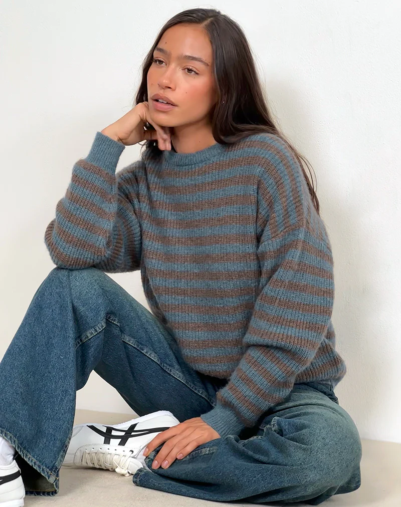 Orvala Knit Jumper in Slate and Brown Stripe - Image 4