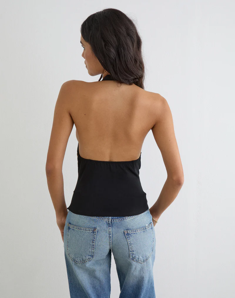 Orvio Halter Top in Black with Embroidered Sequin Trim - Image 4