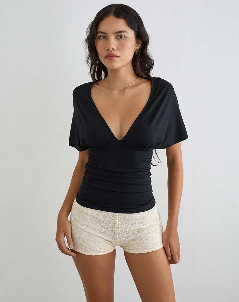 Osari Plunge Batwing Top in Jersey Black