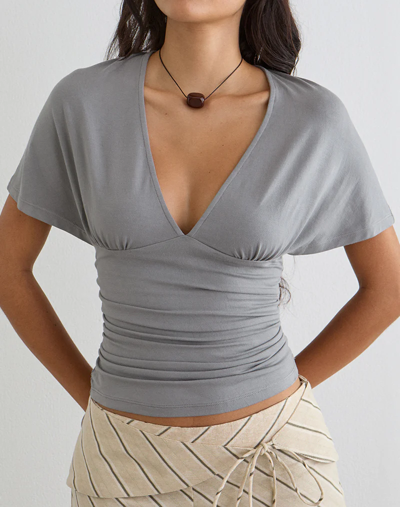 Osari Plunge Batwing Top in Jersey Grey