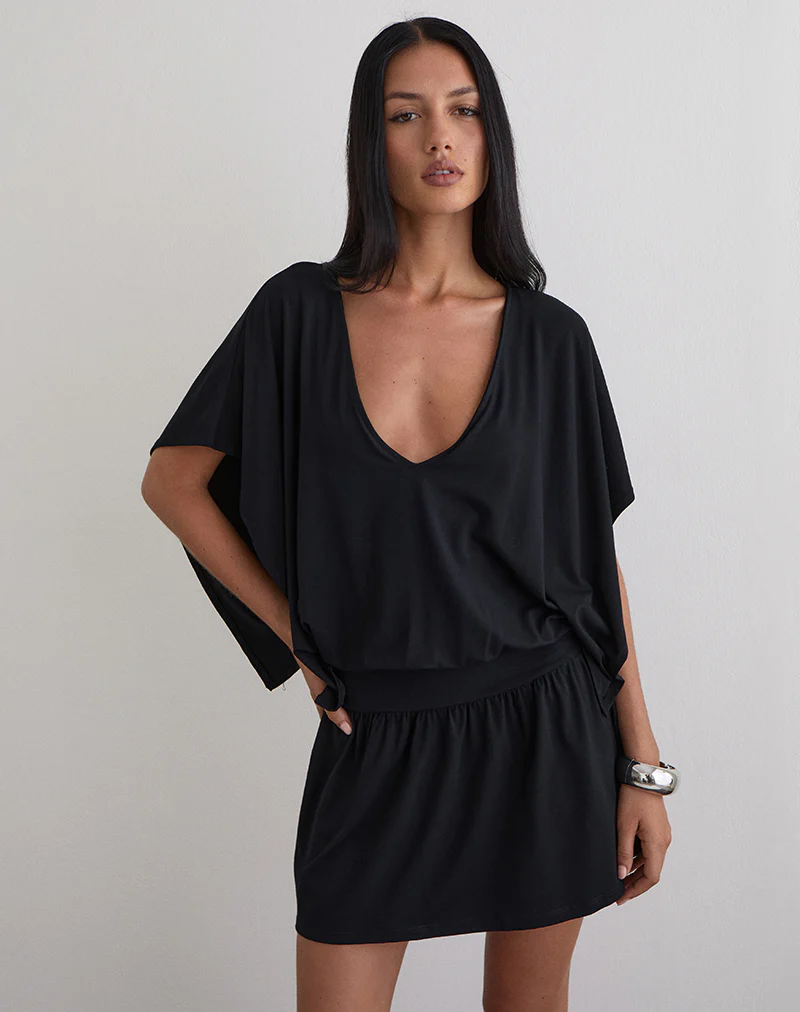 Osiri Batwing Plunge Mini Dress in Jersey Black - Image 3