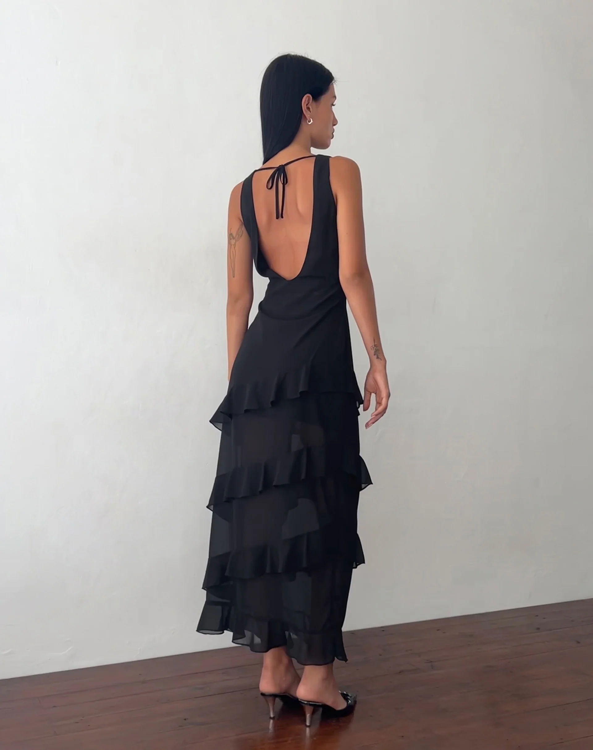 Otna Ruffle Detail Chiffon Maxi Dress in Black - Image 2