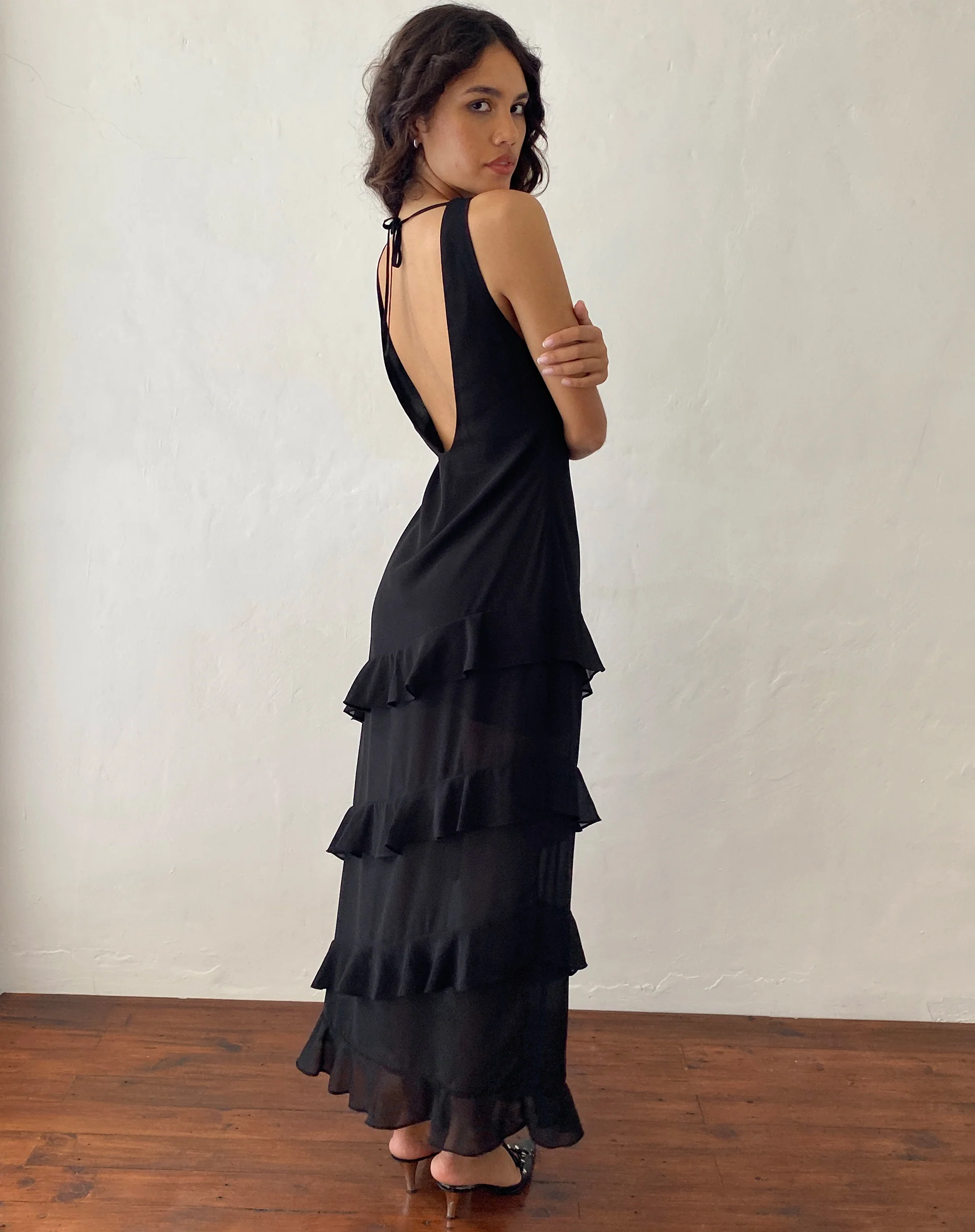 Otna Ruffle Detail Chiffon Maxi Dress in Black - Image 5