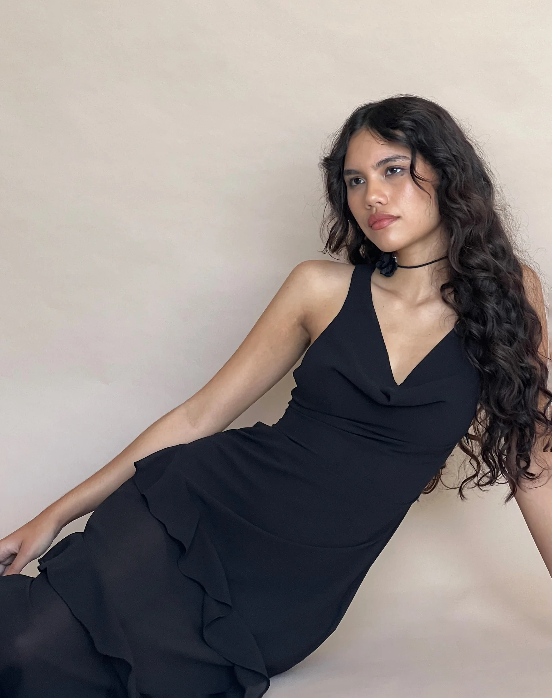 Otna Ruffle Detail Chiffon Maxi Dress in Black - Image 7