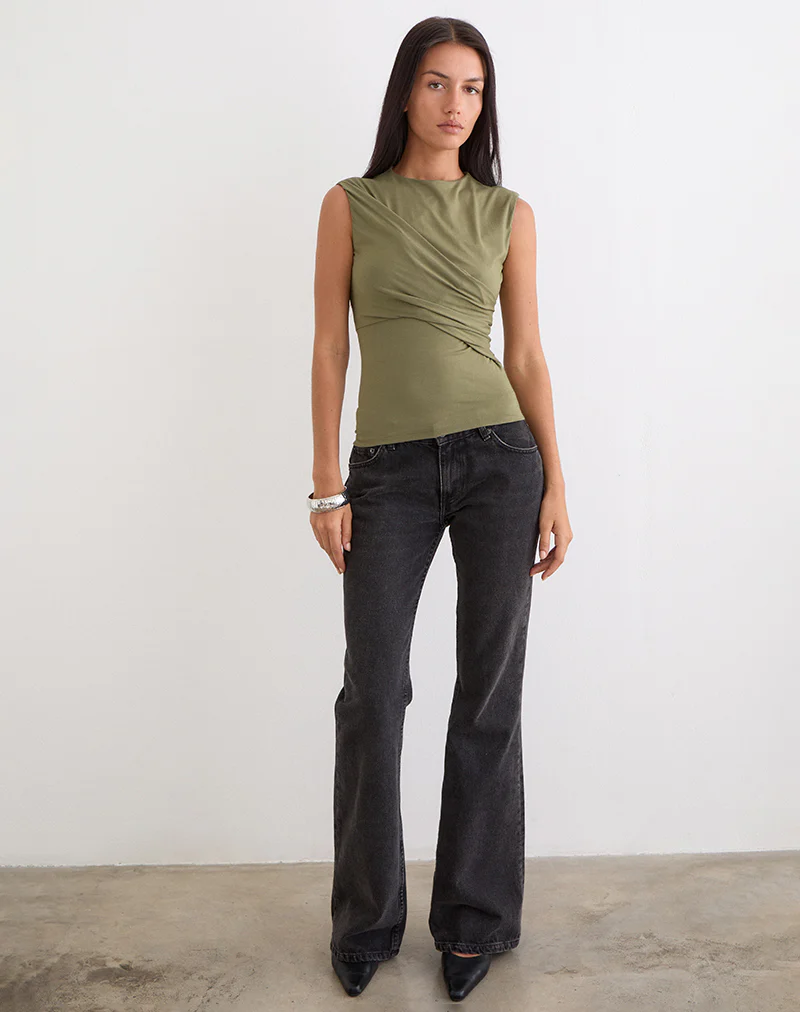 Otso Twist Wrap Top in Rayon Jersey Khaki - Image 3