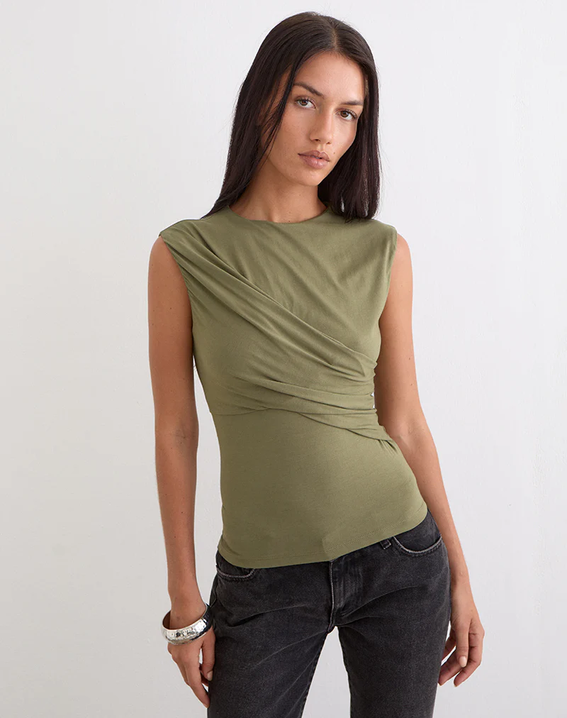 Otso Twist Wrap Top in Rayon Jersey Khaki - Image 4