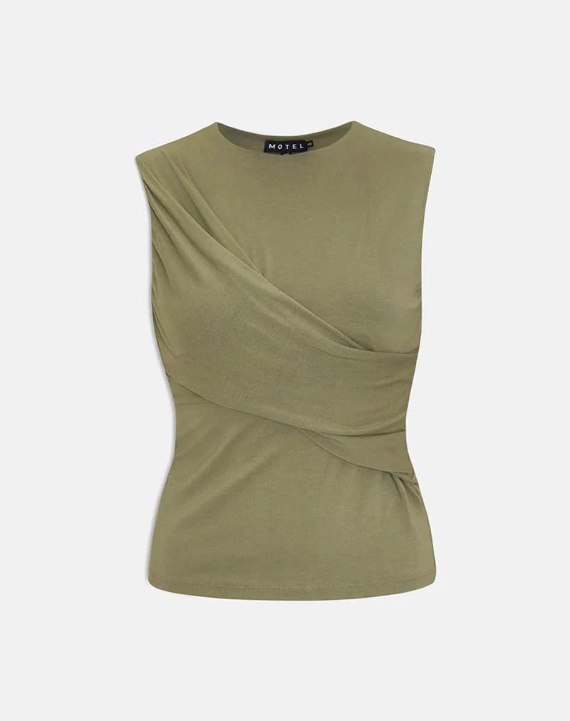 Otso Twist Wrap Top in Rayon Jersey Khaki - Image 5