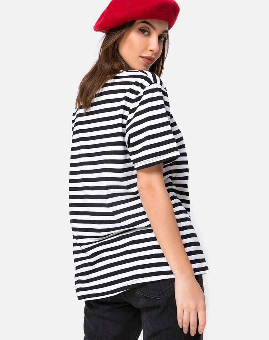 Oversize Basic Tee in Black and White Stripe with Cherub Embro - Image 2