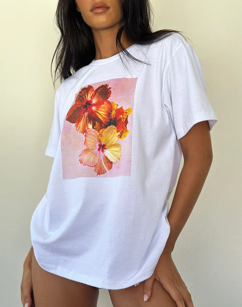 Oversized Basic Tee in White Hibiscus - Image 4