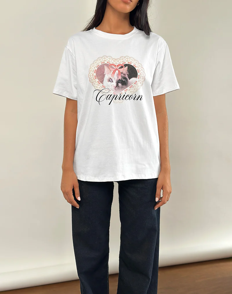 Oversize Basic Tee in White with Capricorn Motel Pet Print - Image 3