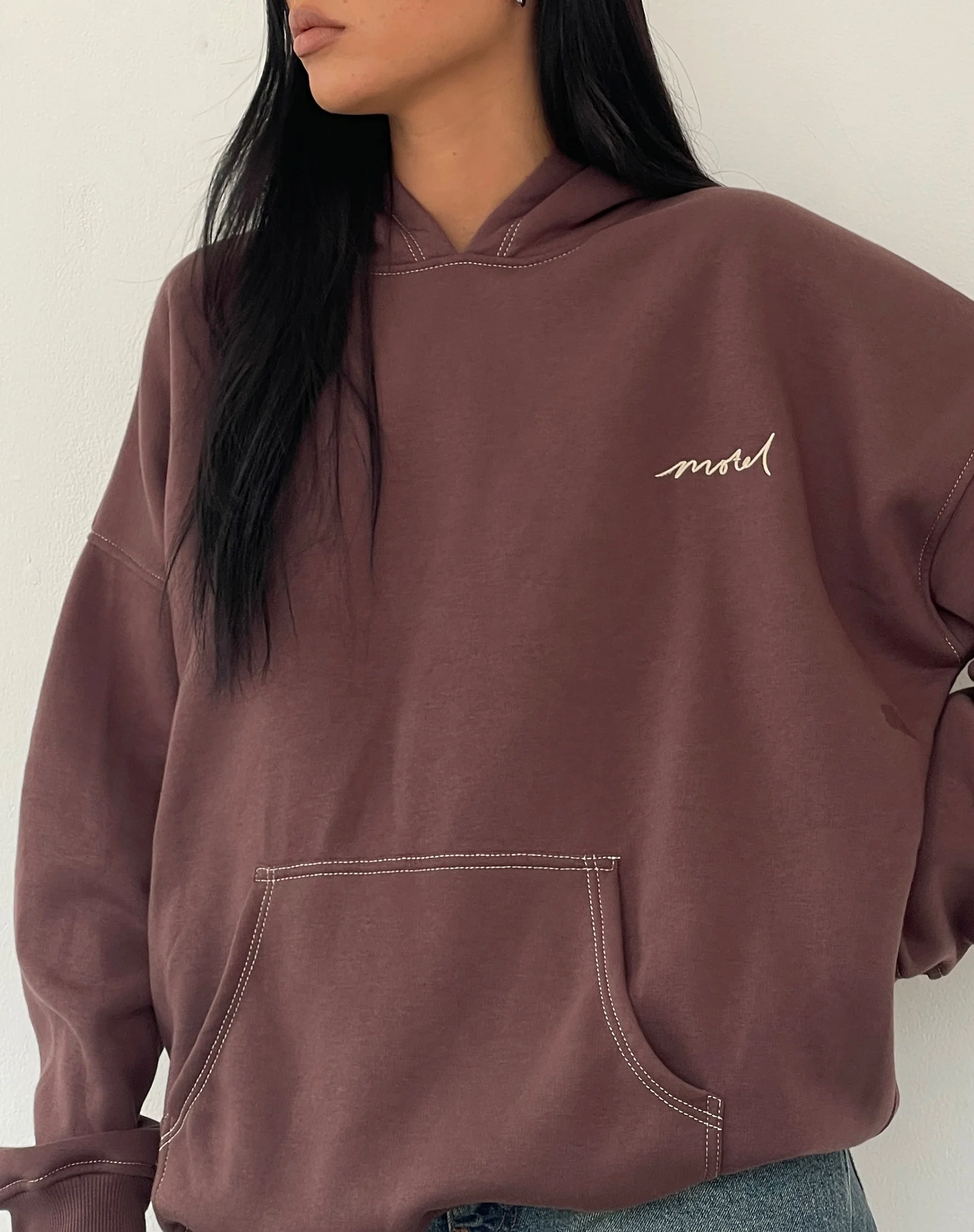 Oversize Hoodie in Deep Mahogany with Motel Scribble Embroidery - Image 2