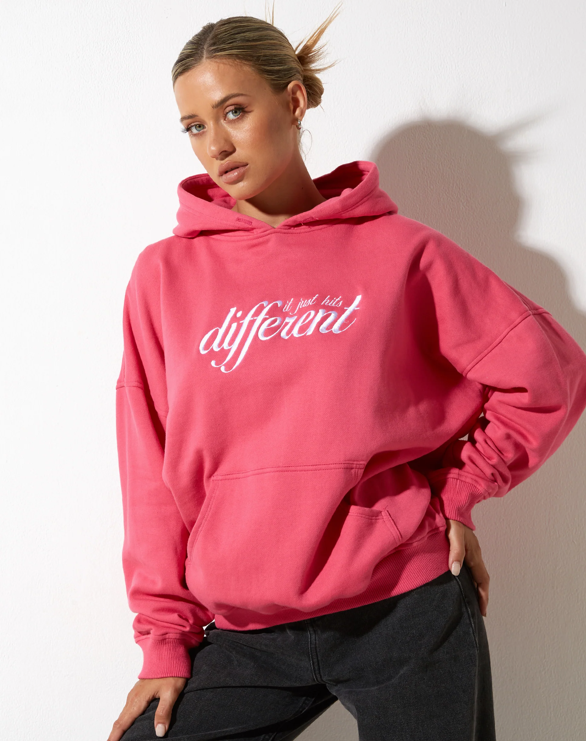 Oversize Hoodie in Fandango Pink with 'Different' Embro - Image 4