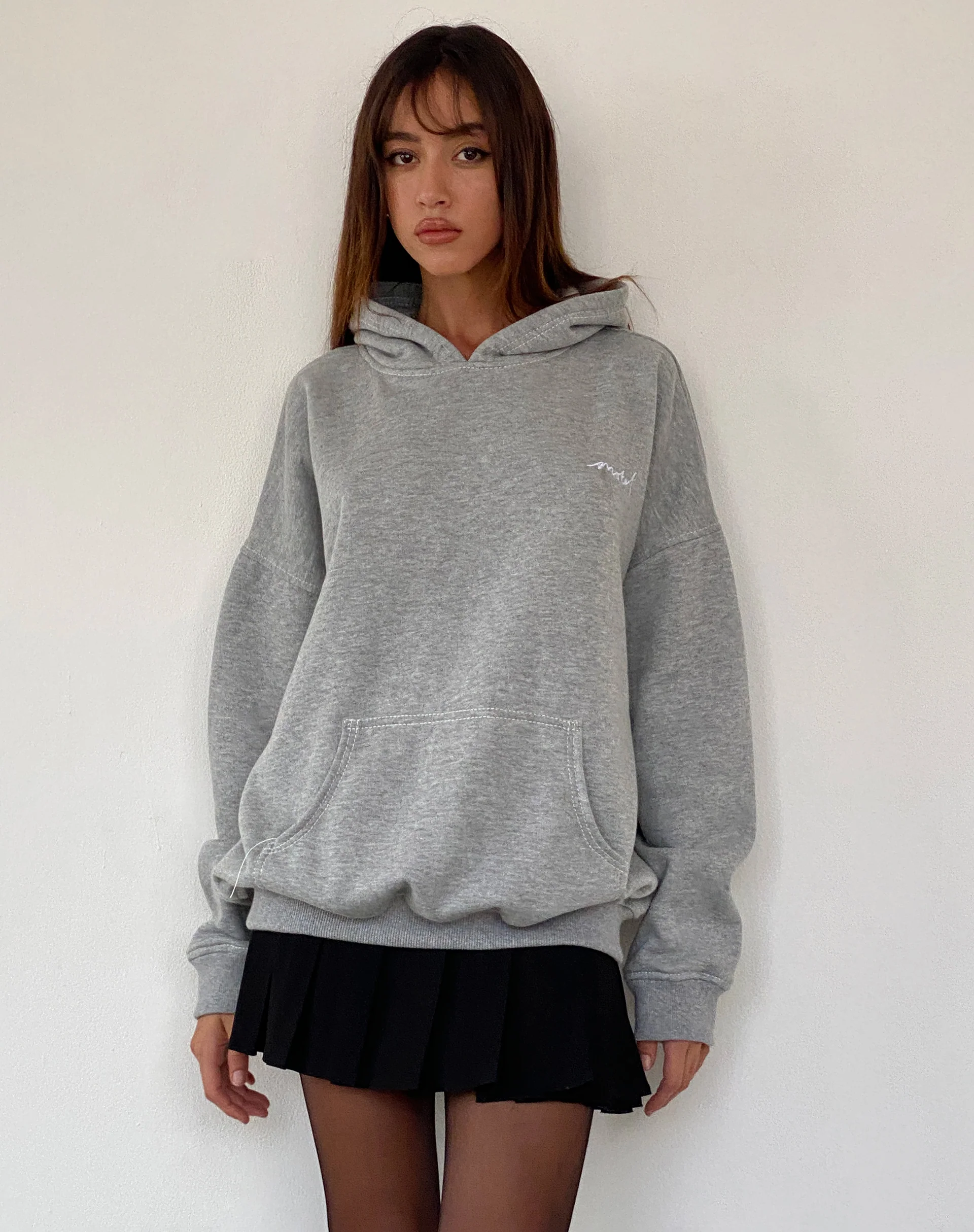Oversize Hoodie in Grey Marl with Motel Scribble Embroidery - Image 2