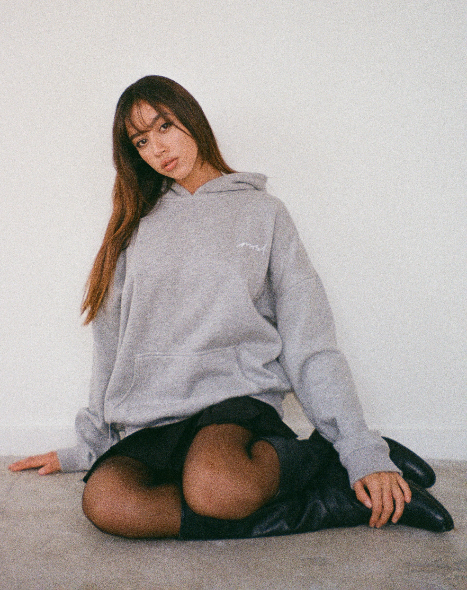 Oversize Hoodie in Grey Marl with Motel Scribble Embroidery - Image 3