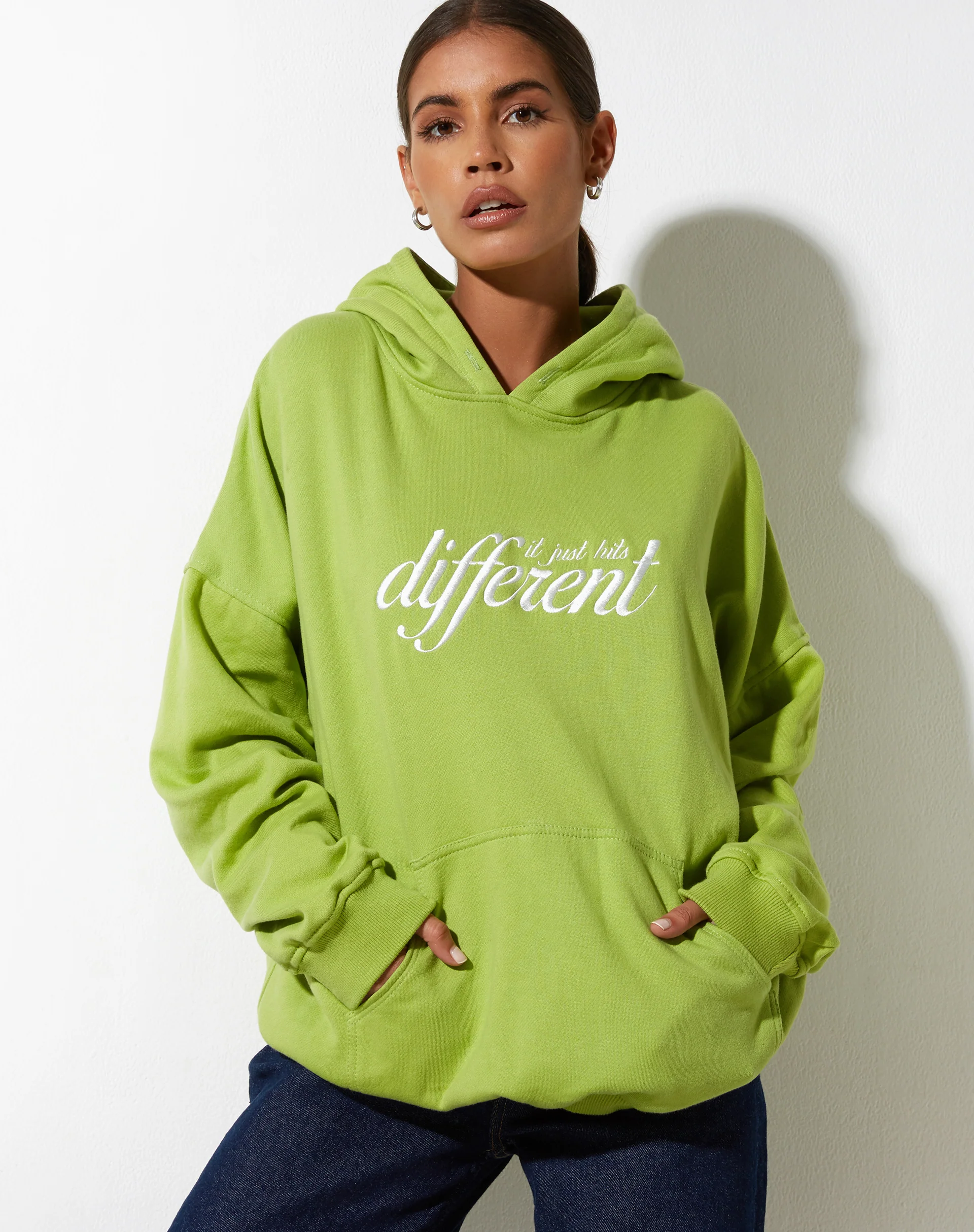 Oversize Hoodie in Leaf Green Different Embro White - Image 6