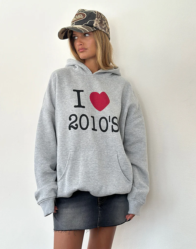 Oversized Hoodie in Grey Marl with I Love 2010's Print - Image 2
