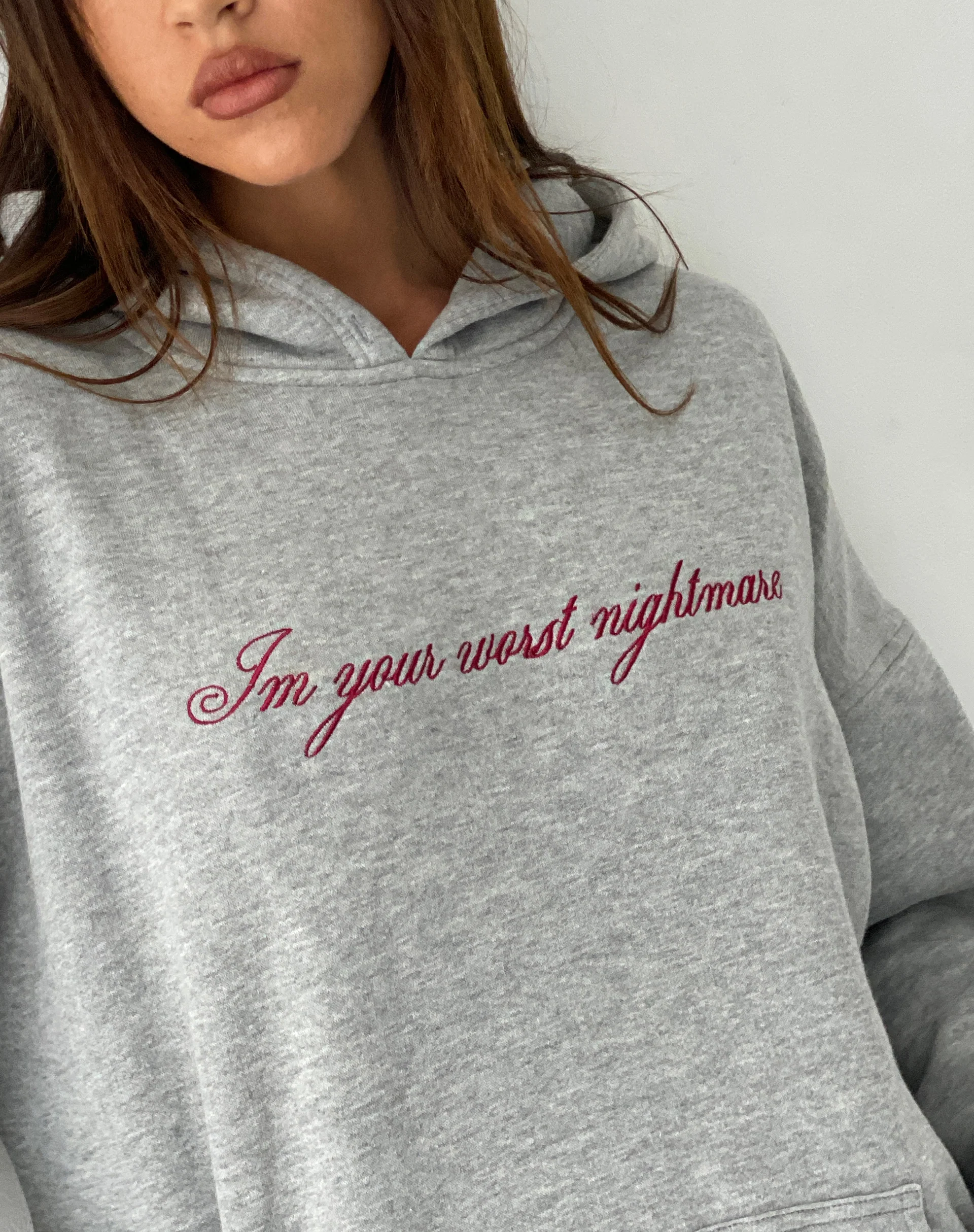 Oversized Hoodie in Grey Marl with Worst Nightmare Embroidery - Image 2