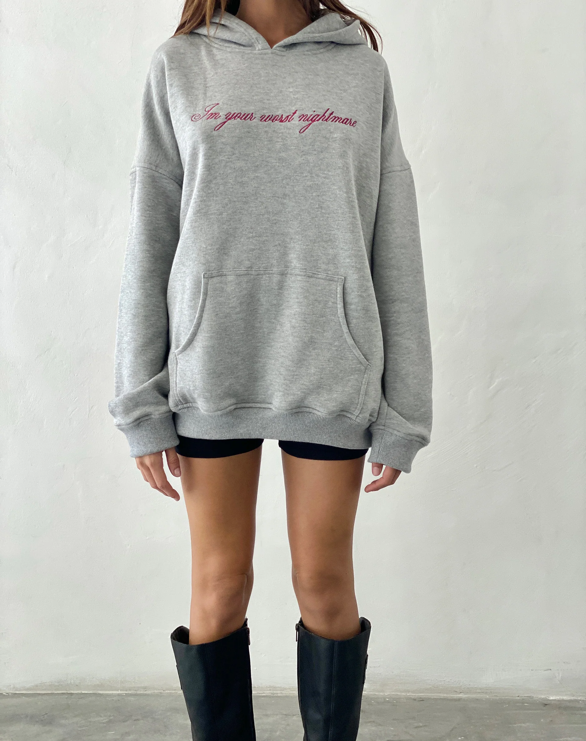 Oversized Hoodie in Grey Marl with Worst Nightmare Embroidery - Image 3