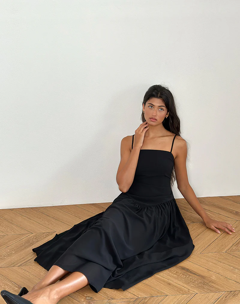 Paduri Drop Waist Midi Dress in Chiffon Black - Image 2