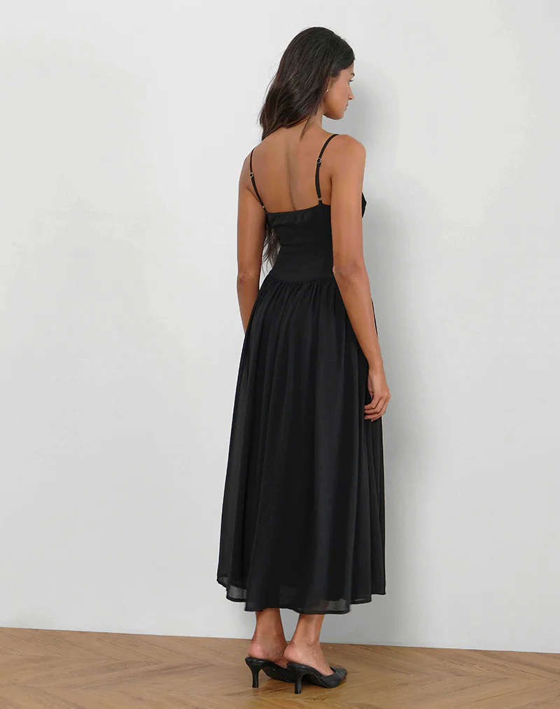 Paduri Drop Waist Midi Dress in Chiffon Black - Image 4