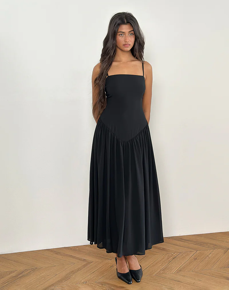Paduri Drop Waist Midi Dress in Chiffon Black - Image 5