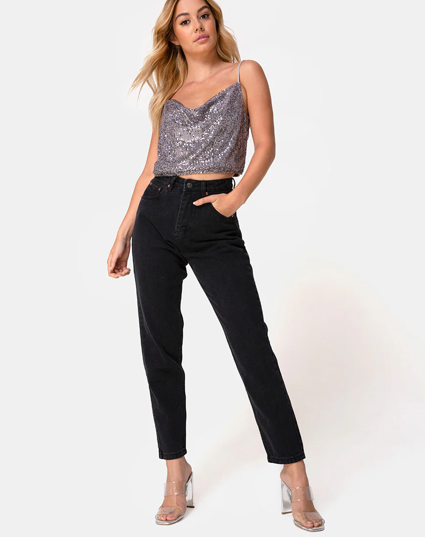 Paima Strappy Top in Drape Net Sequin Silver - Image 3