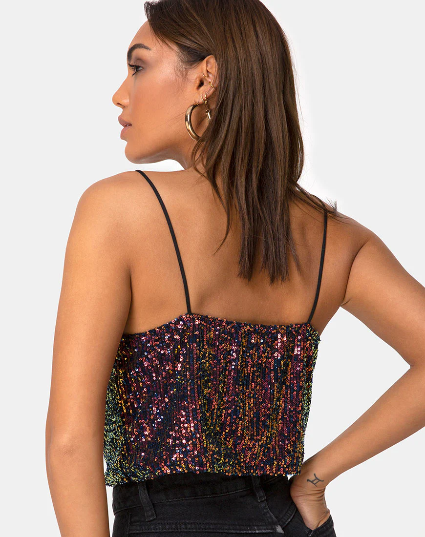 Paima Strappy Top in Drape Net Sequin Iridescent Burgundy - Image 2