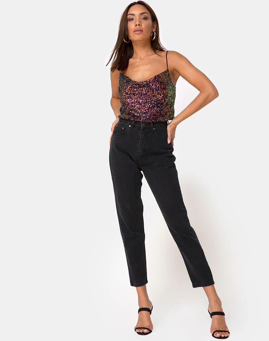 Paima Strappy Top in Drape Net Sequin Iridescent Burgundy - Image 3