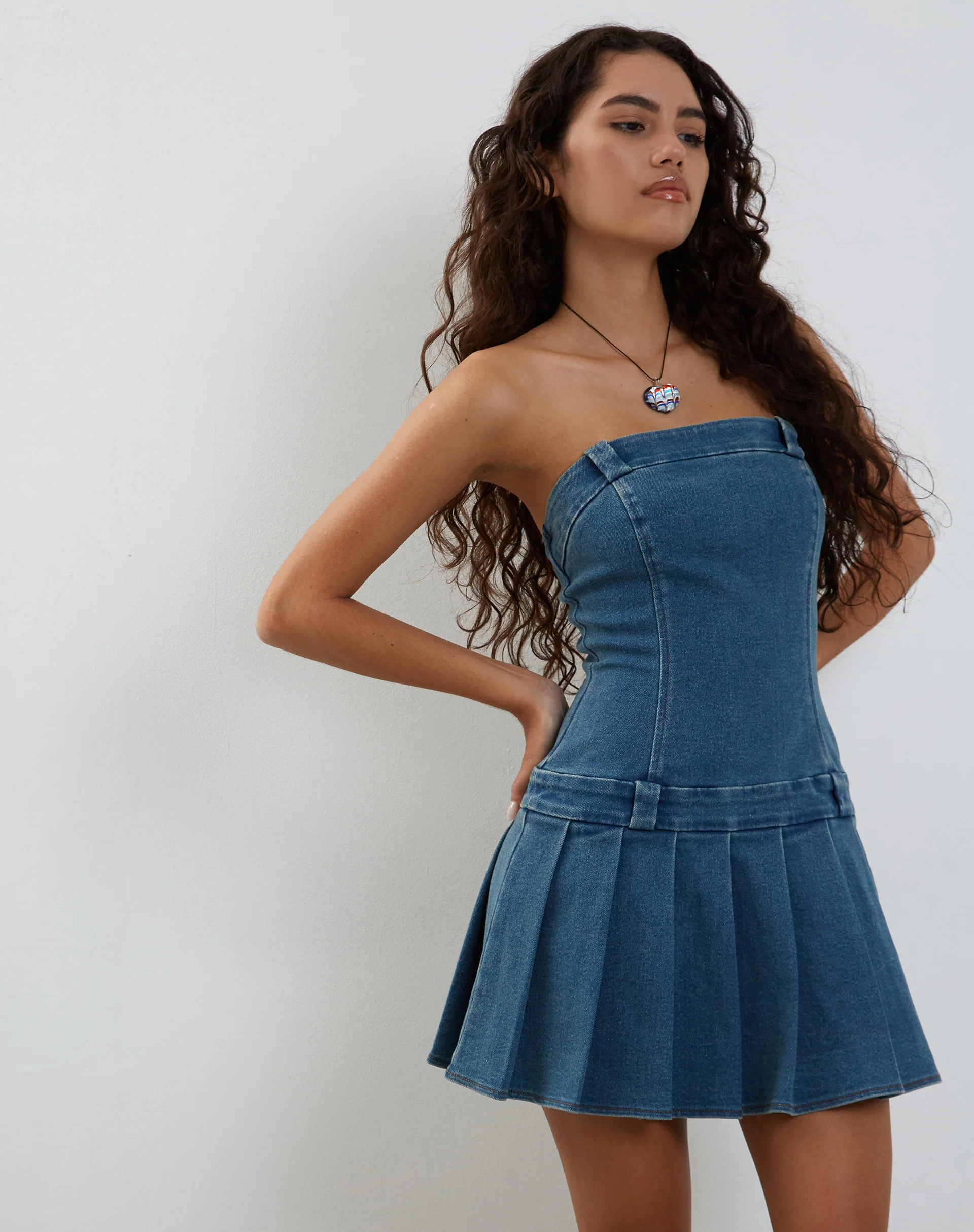 Pajaya Denim Bandeau Mini Dress in Blue Wash - Image 5