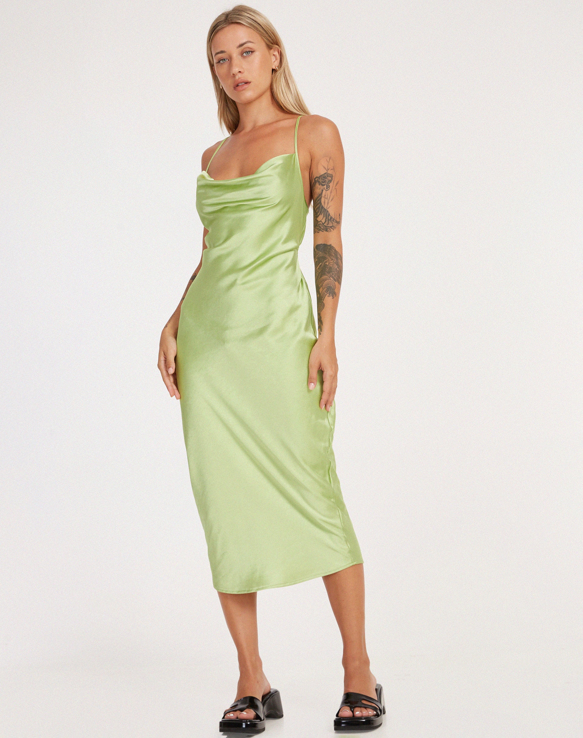 Palasha Midi Dress in Satin Lime Green - Image 3