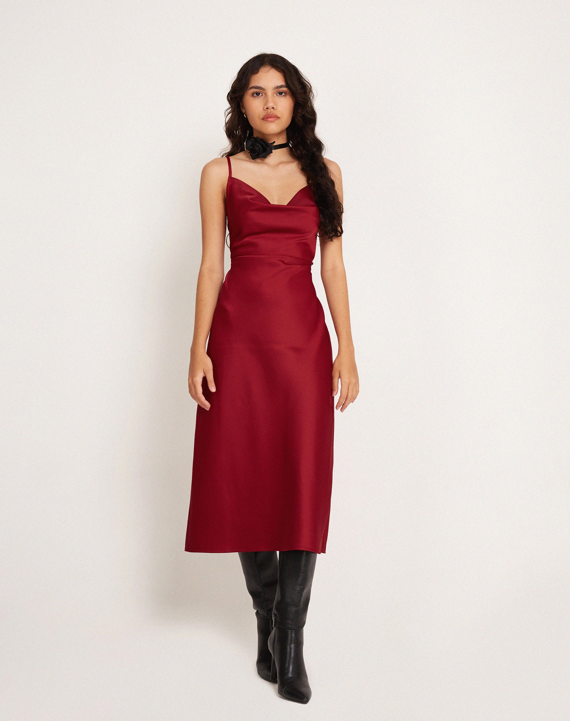 Palasha Midi Dress in Satin Red - Image 4