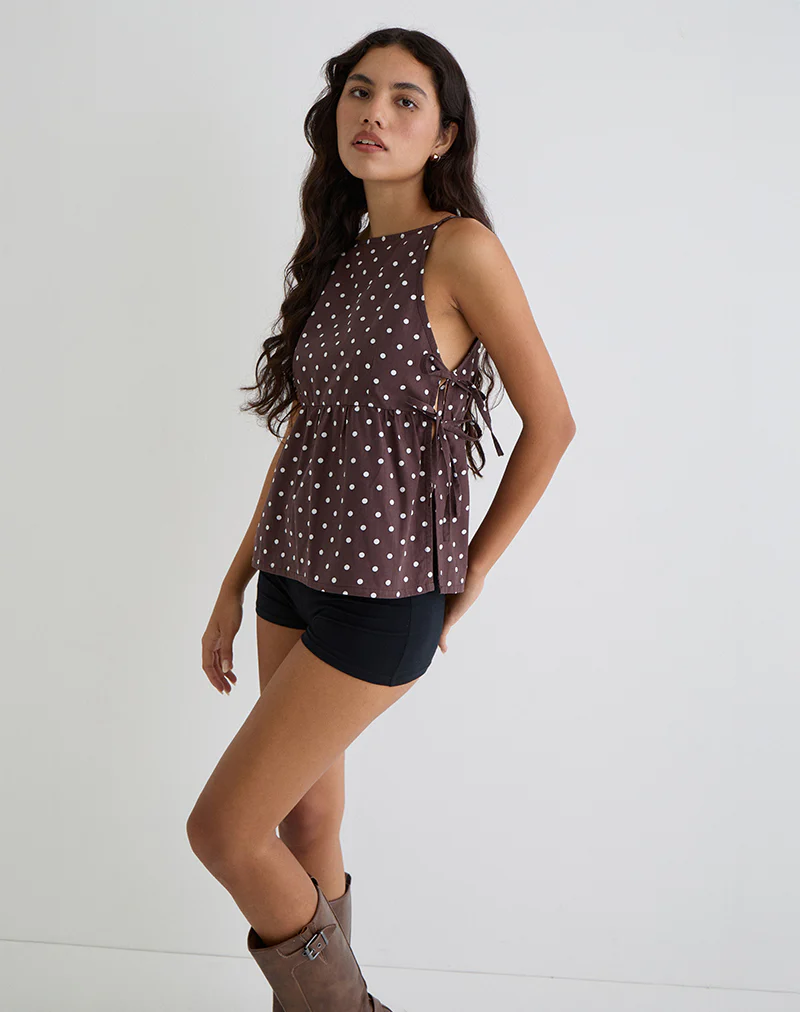 Palsi Tie Side Top in Brown with Medium Polka White - Image 3