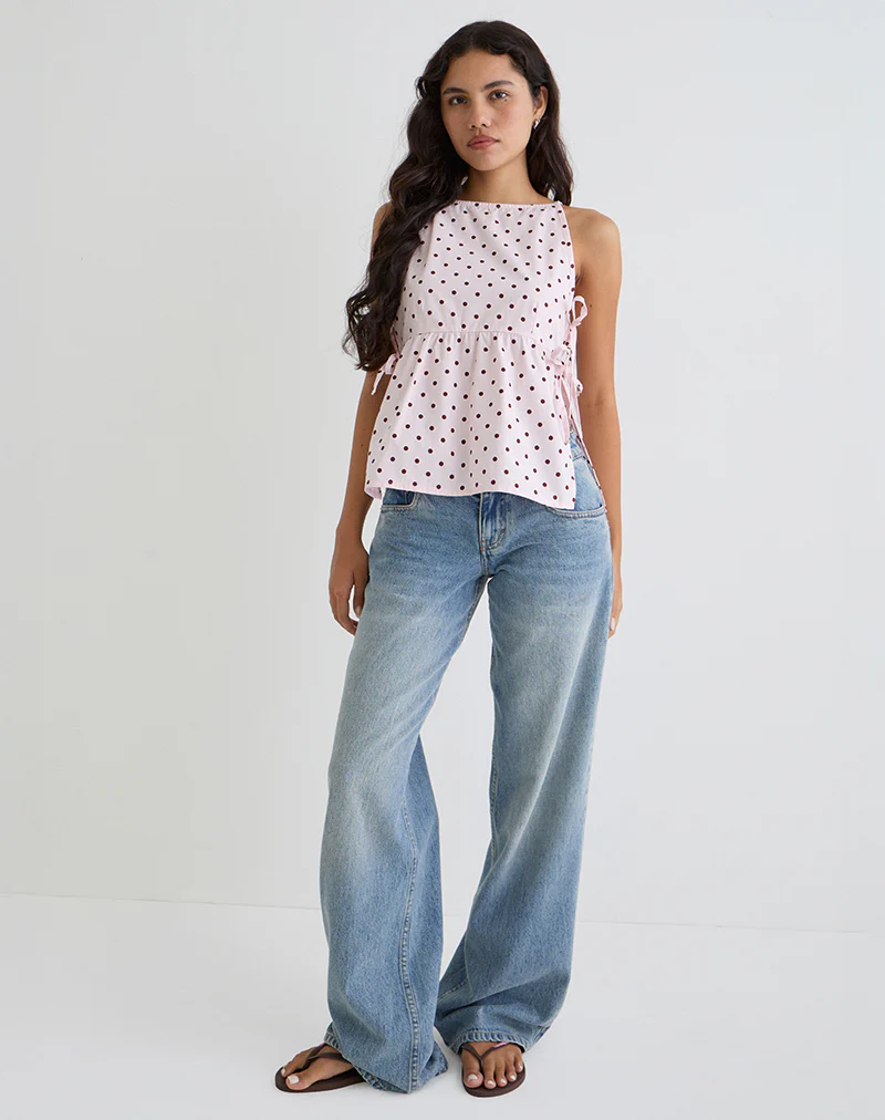 Palsi Tie Side Top in Pink with Medium Polka Red - Image 3